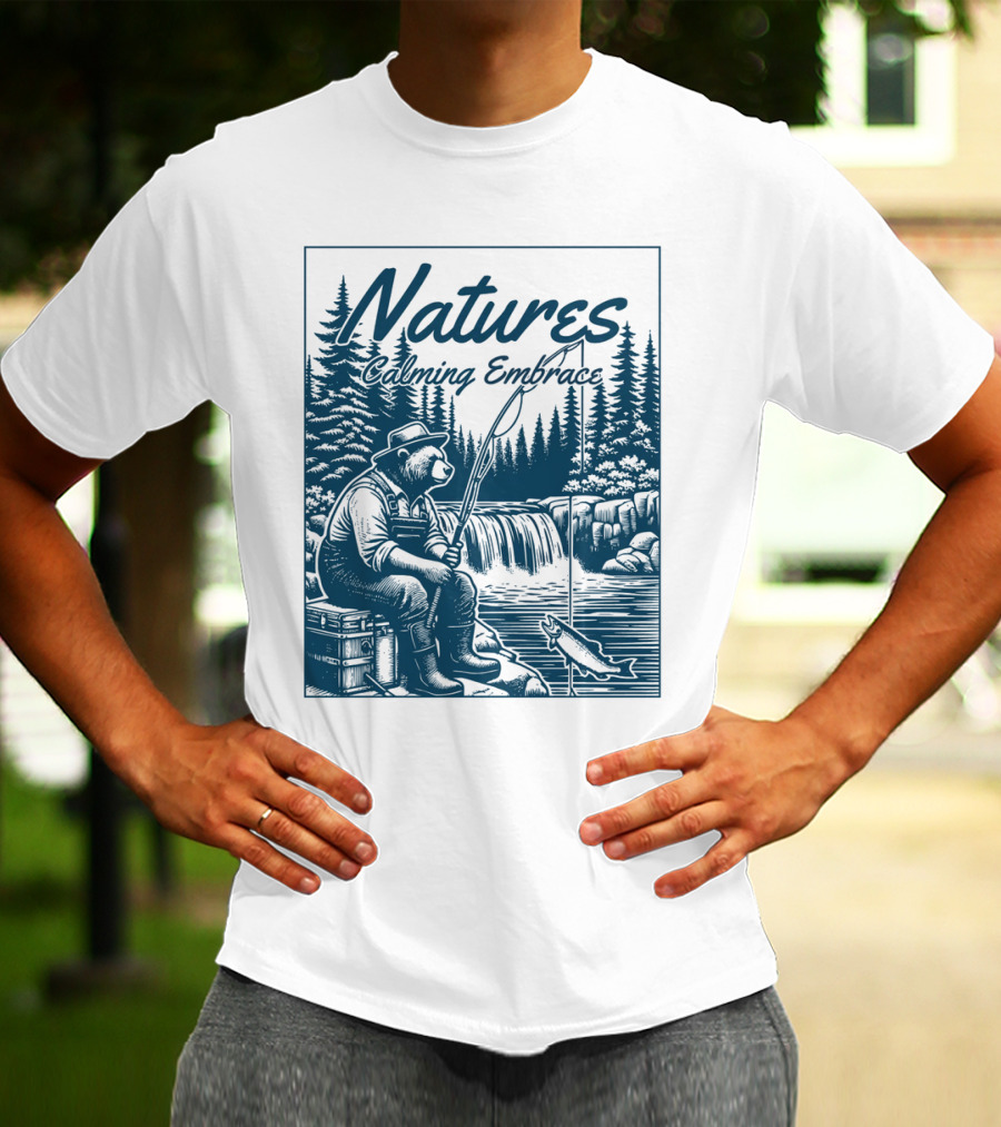 Natures Calming Embrace Bear Fishing By Waterfall T-Shirt