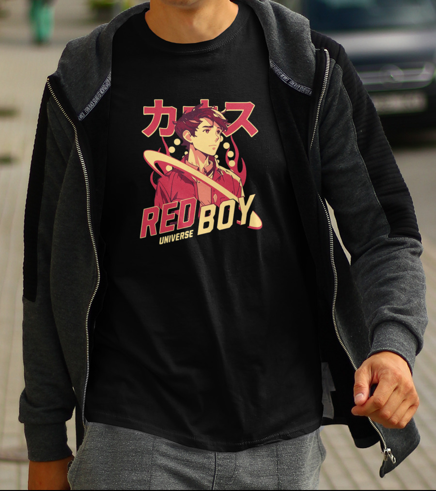 Red Boy Universe Anime Style Japanese Text Planet Ring T-Shirt