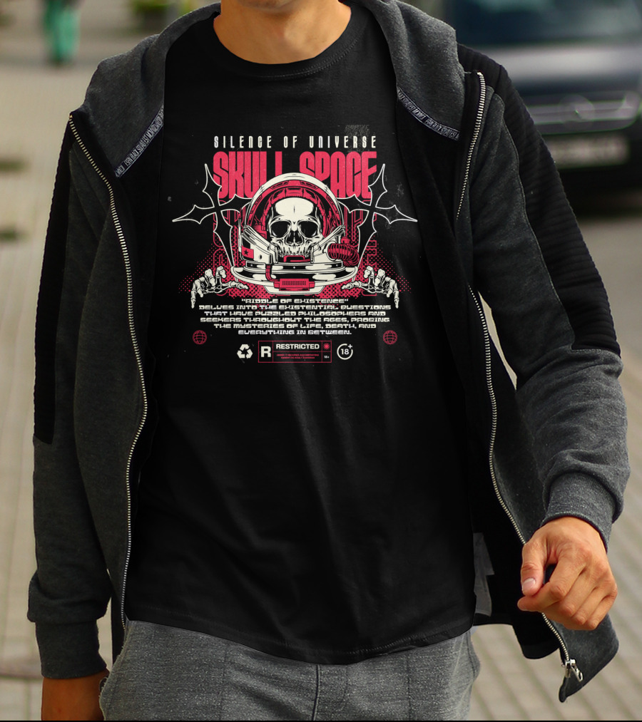 Silence Of Universe Skull Space Riddle Of Existence Restricted 18+ T-Shirt