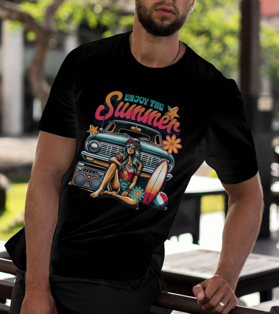 Enjoy The Summer Hippie Girl Surf Van Beach Vibes Vintage Boombox T-Shirt
