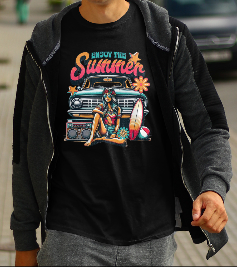 Enjoy The Summer Hippie Girl Surf Van Beach Vibes Vintage Boombox T-Shirt