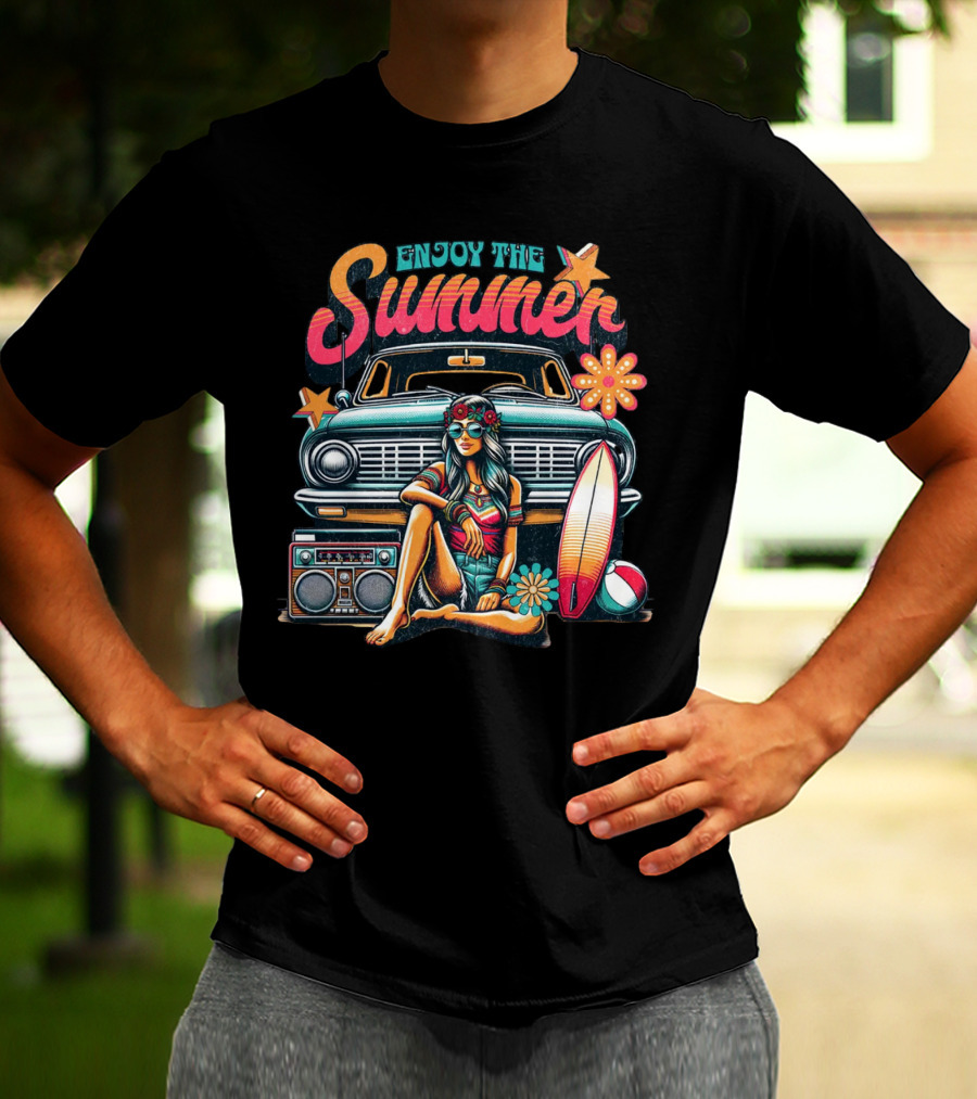 Enjoy The Summer Hippie Girl Surf Van Beach Vibes Vintage Boombox T-Shirt