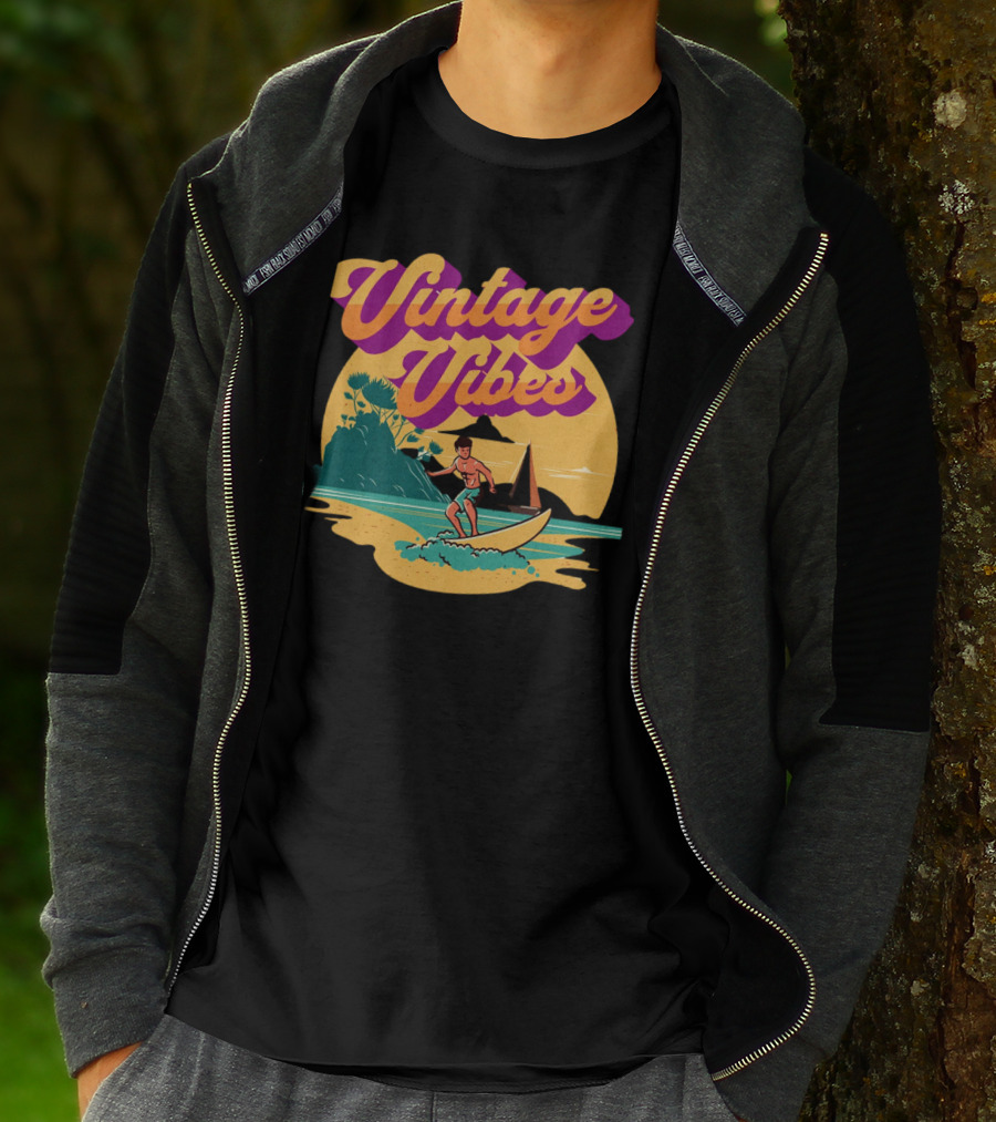 Vintage Vibes Retro Surfing Adventure Sunset Scene T-Shirt