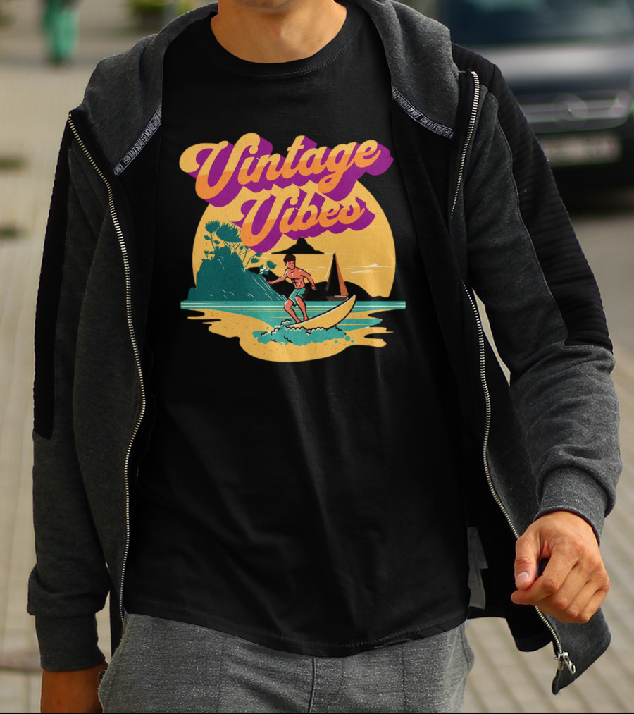 Vintage Vibes Retro Surfing Adventure Sunset Scene T-Shirt