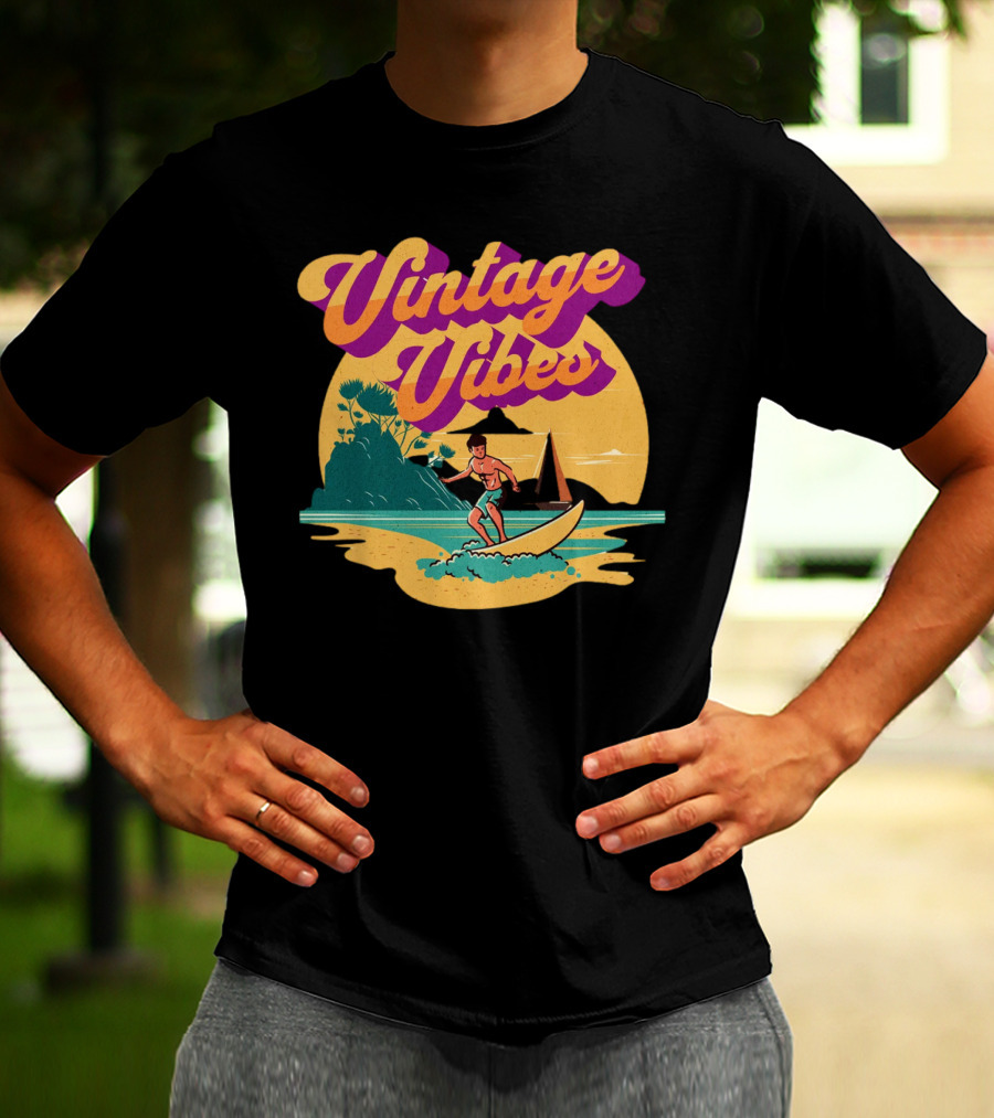 Vintage Vibes Retro Surfing Adventure Sunset Scene T-Shirt