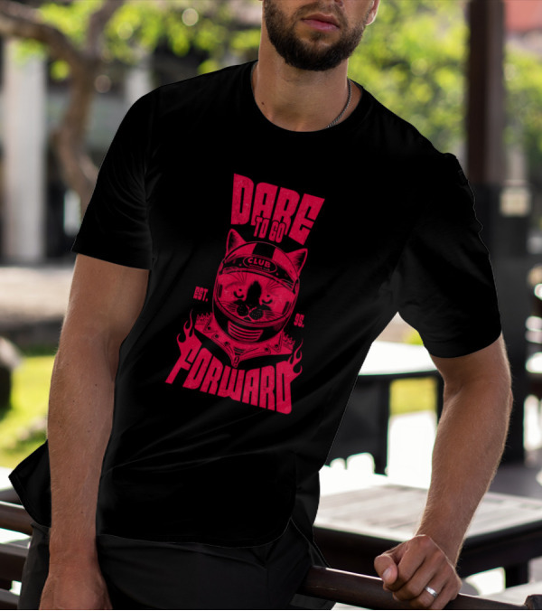 Dare To Go Forward Cat Club Est. 95 Helmet Flames T-Shirt