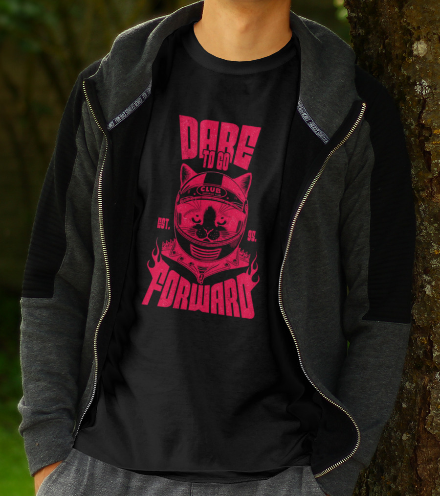 Dare To Go Forward Cat Club Est. 95 Helmet Flames T-Shirt
