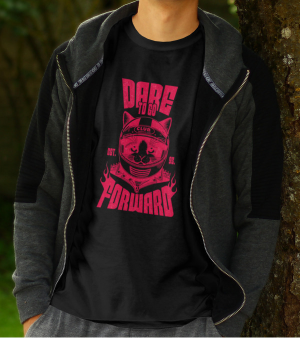 Dare To Go Forward Cat Club Est. 95 Helmet Flames T-Shirt
