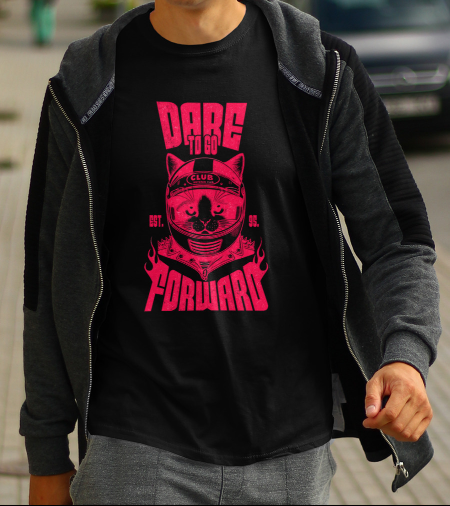 Dare To Go Forward Cat Club Est. 95 Helmet Flames T-Shirt