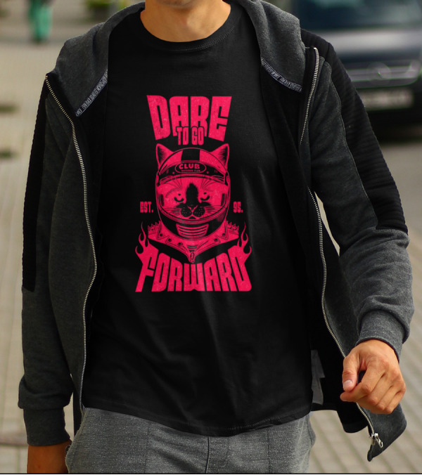 Dare To Go Forward Cat Club Est. 95 Helmet Flames T-Shirt