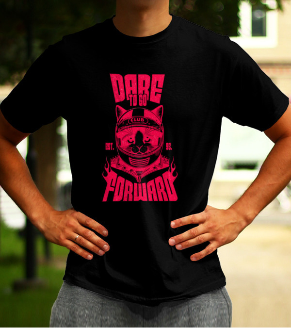 Dare To Go Forward Cat Club Est. 95 Helmet Flames T-Shirt