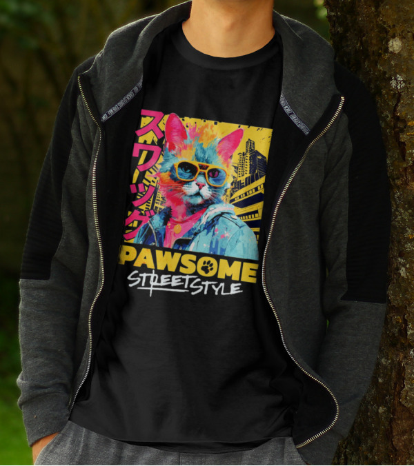 Pawsome Streetstyle Cat With Jacket And Sunglasses Urban Cityscape T-Shirt