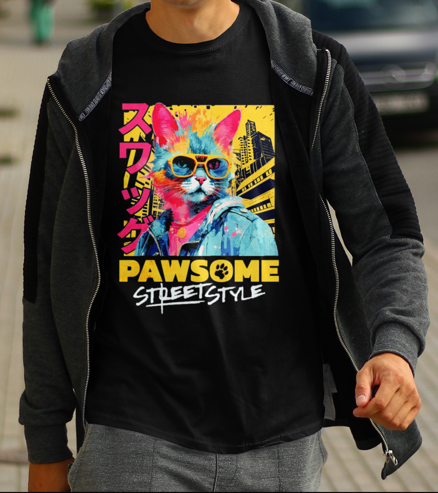 Pawsome Streetstyle Cat With Jacket And Sunglasses Urban Cityscape T-Shirt