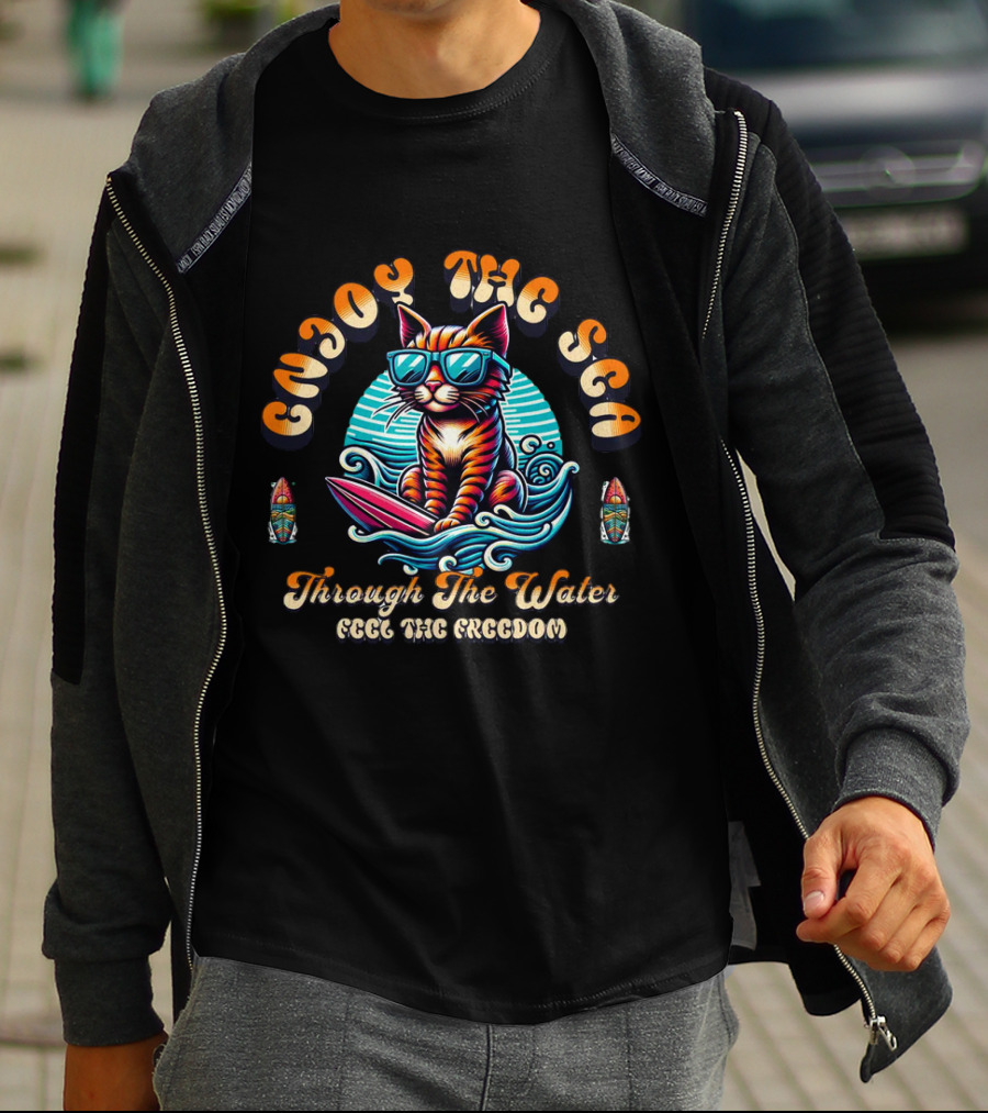Enjoy The Sea Through The Water Feel The Freedom Retro Illustrative Surfing Cat T-Shirt