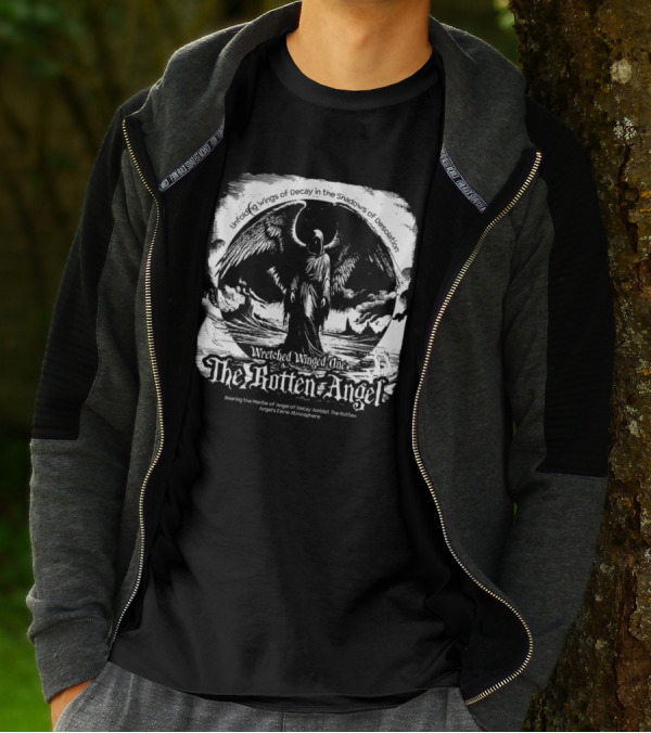 Unfolding Wings Of Decay In The Shadows Of Desolation Wretched Winged One The Rotten Angel Bearing The Mantle Of Angel Of Decay Amidst The Rotten Angel's Eerie Atmosphere T-Shirt