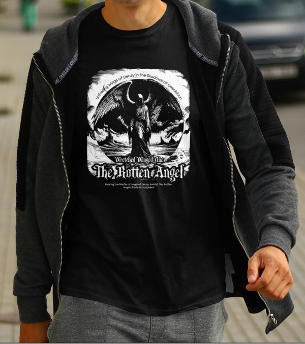 Unfolding Wings Of Decay In The Shadows Of Desolation Wretched Winged One The Rotten Angel Bearing The Mantle Of Angel Of Decay Amidst The Rotten Angel's Eerie Atmosphere T-Shirt
