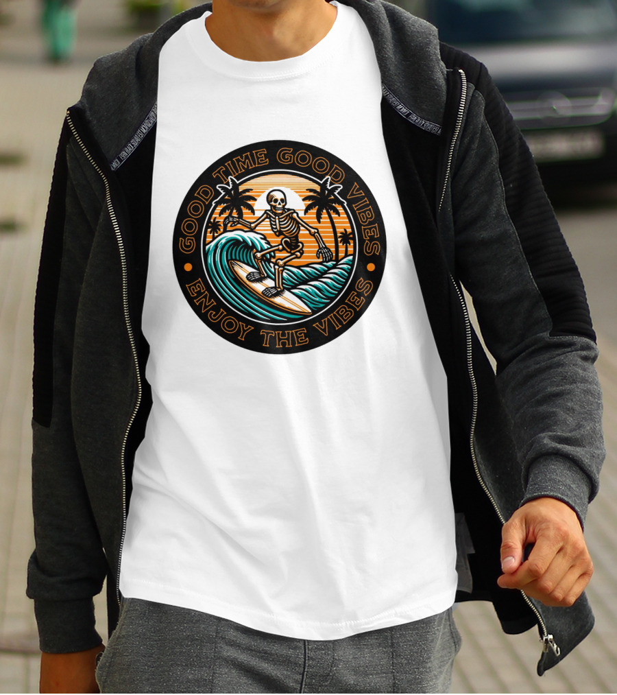 Good Time Good Vibes Enjoy The Vibes Surfer Skeleton Palm Trees Sunset Ocean Waves T-Shirt