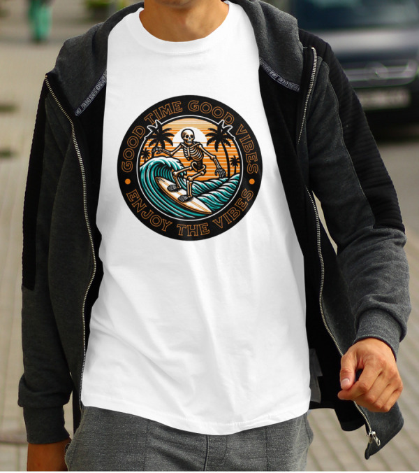 Good Time Good Vibes Enjoy The Vibes Surfer Skeleton Palm Trees Sunset Ocean Waves T-Shirt