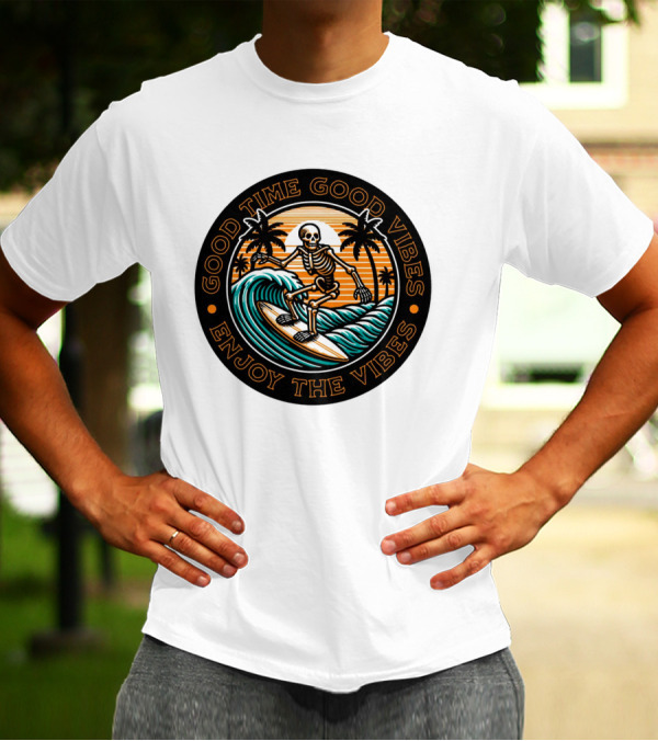 Good Time Good Vibes Enjoy The Vibes Surfer Skeleton Palm Trees Sunset Ocean Waves T-Shirt
