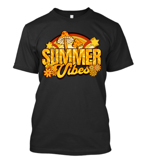 Summer Vibes Groovy Hippie Mushrooms And Flowers Retro Starburst T-Shirt