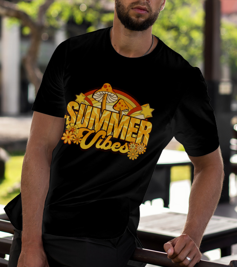 Summer Vibes Groovy Hippie Mushrooms And Flowers Retro Starburst T-Shirt