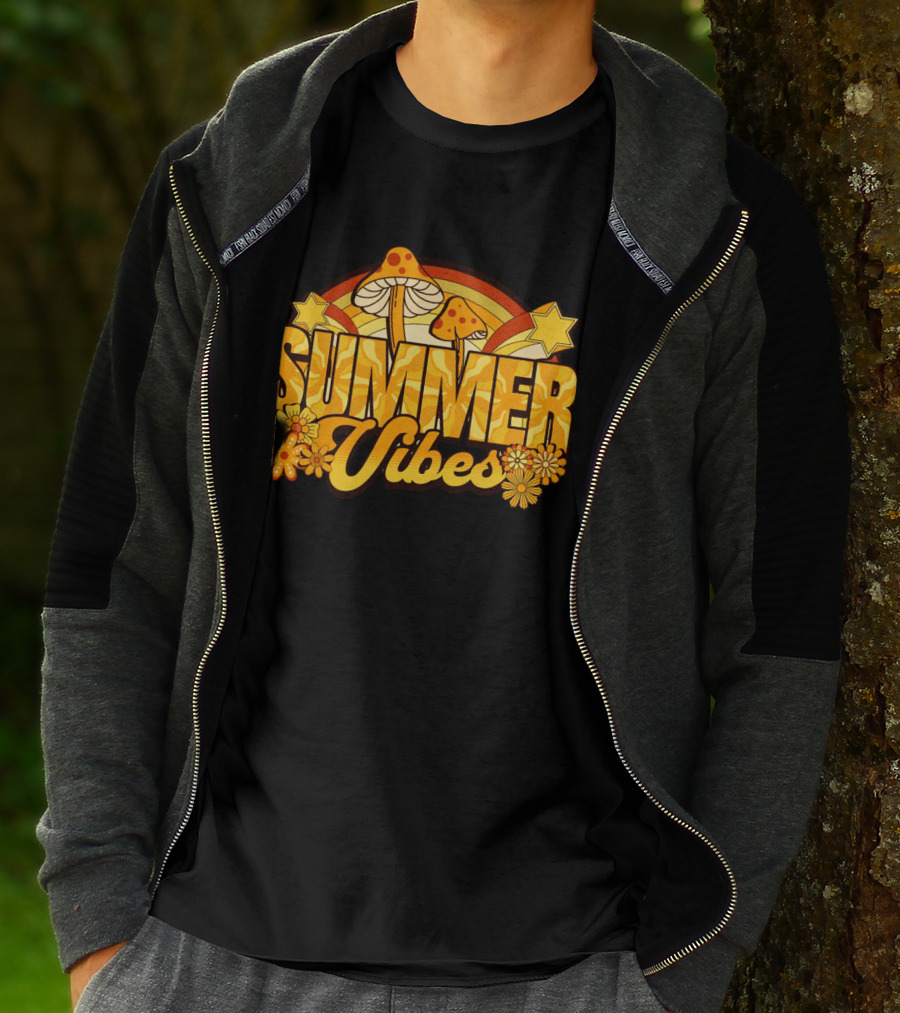 Summer Vibes Groovy Hippie Mushrooms And Flowers Retro Starburst T-Shirt
