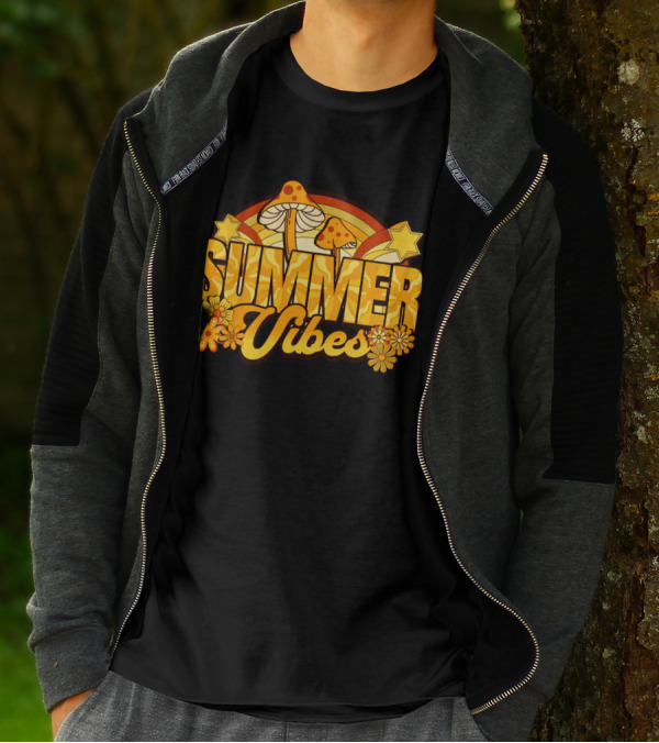 Summer Vibes Groovy Hippie Mushrooms And Flowers Retro Starburst T-Shirt