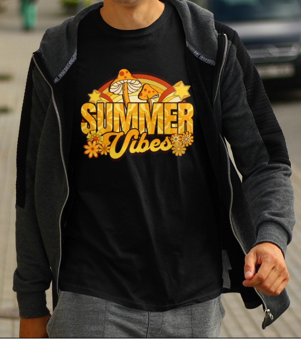 Summer Vibes Groovy Hippie Mushrooms And Flowers Retro Starburst T-Shirt