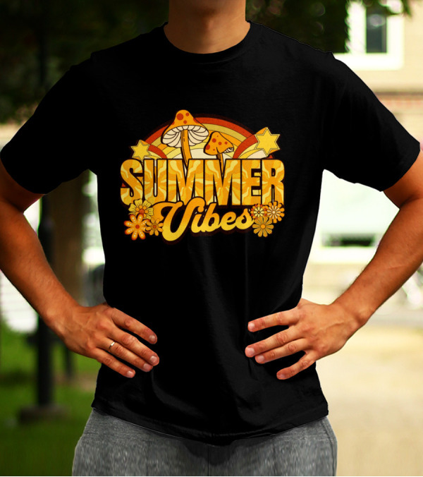 Summer Vibes Groovy Hippie Mushrooms And Flowers Retro Starburst T-Shirt