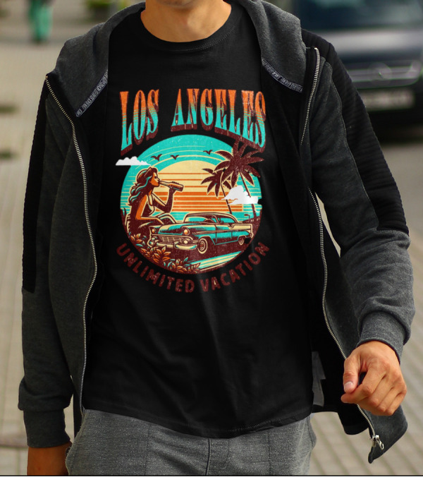 Los Angeles Unlimited Vacation Classic Car Palm Trees Sunset Vibes T-Shirt