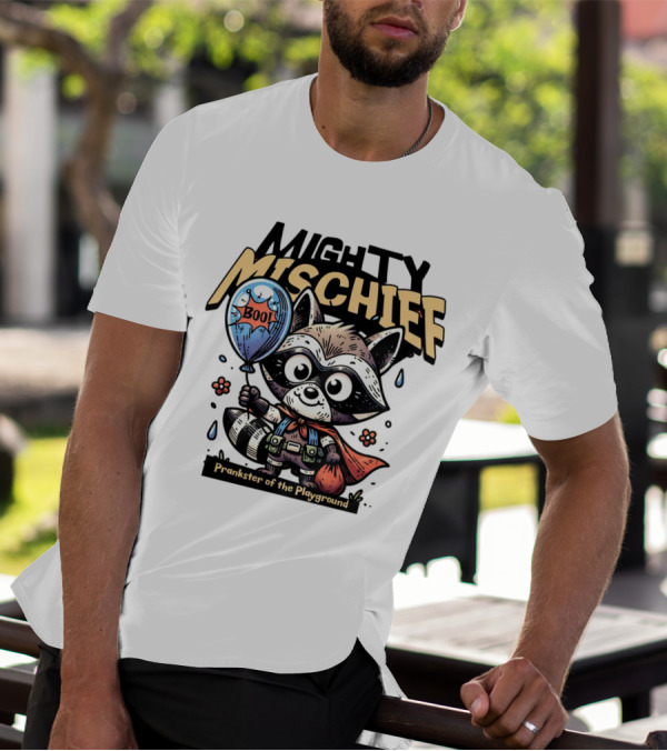 Mighty Mischief Raccoon With Boo Balloon Prankster Of The Playground T-Shirt