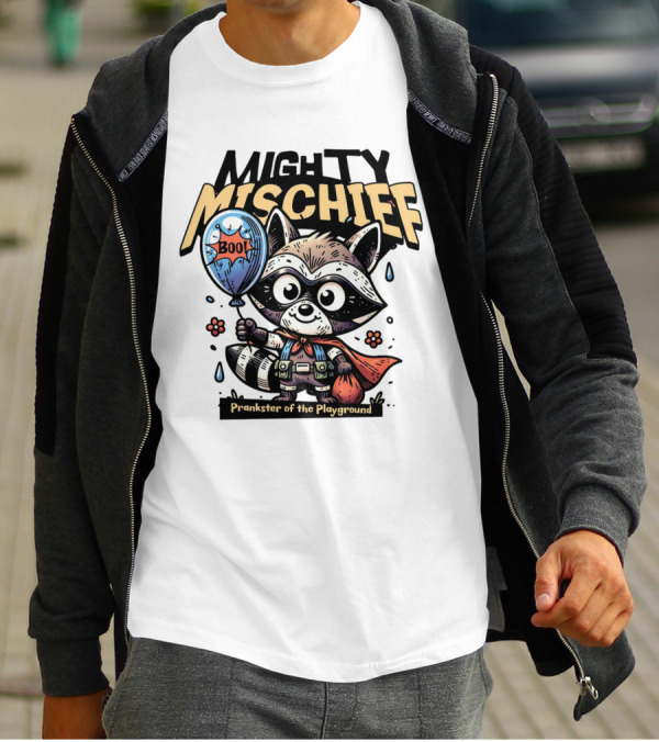 Mighty Mischief Raccoon With Boo Balloon Prankster Of The Playground T-Shirt