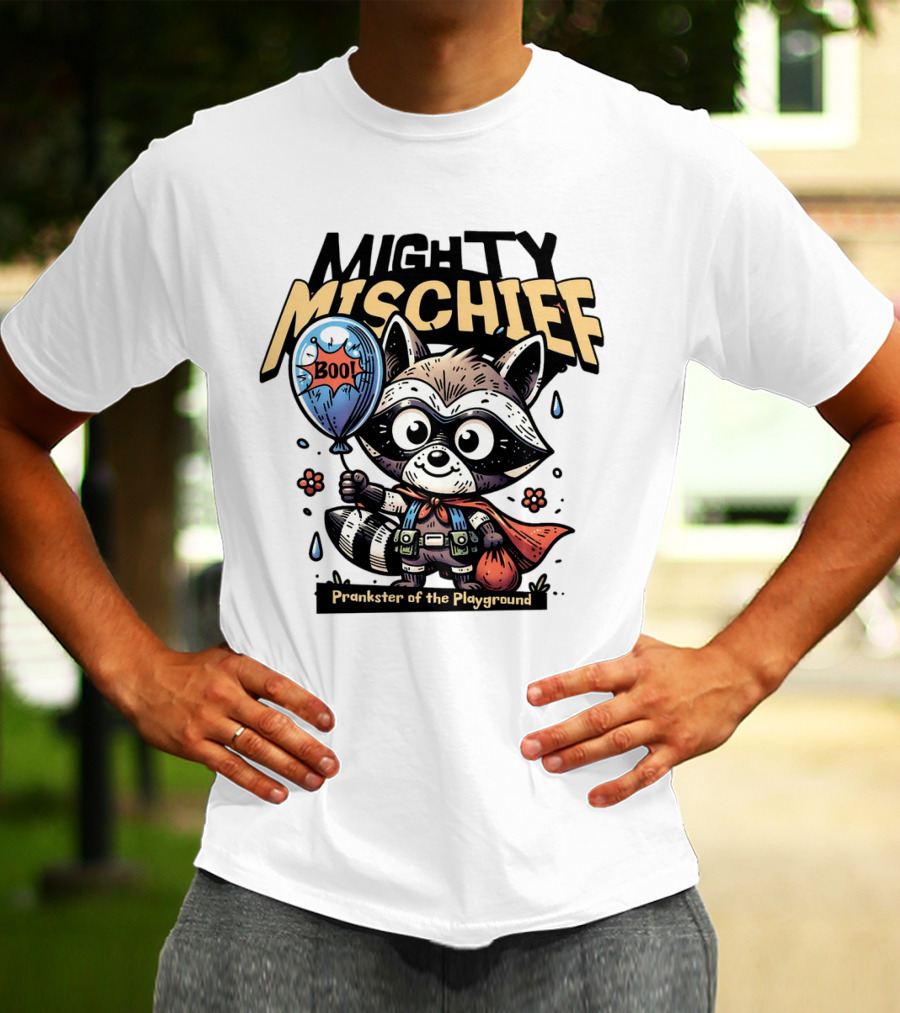 Mighty Mischief Raccoon With Boo Balloon Prankster Of The Playground T-Shirt