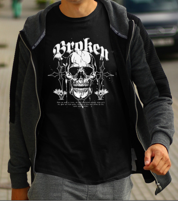 Broken Skull With Gothic Text And Crosses T-Shirt