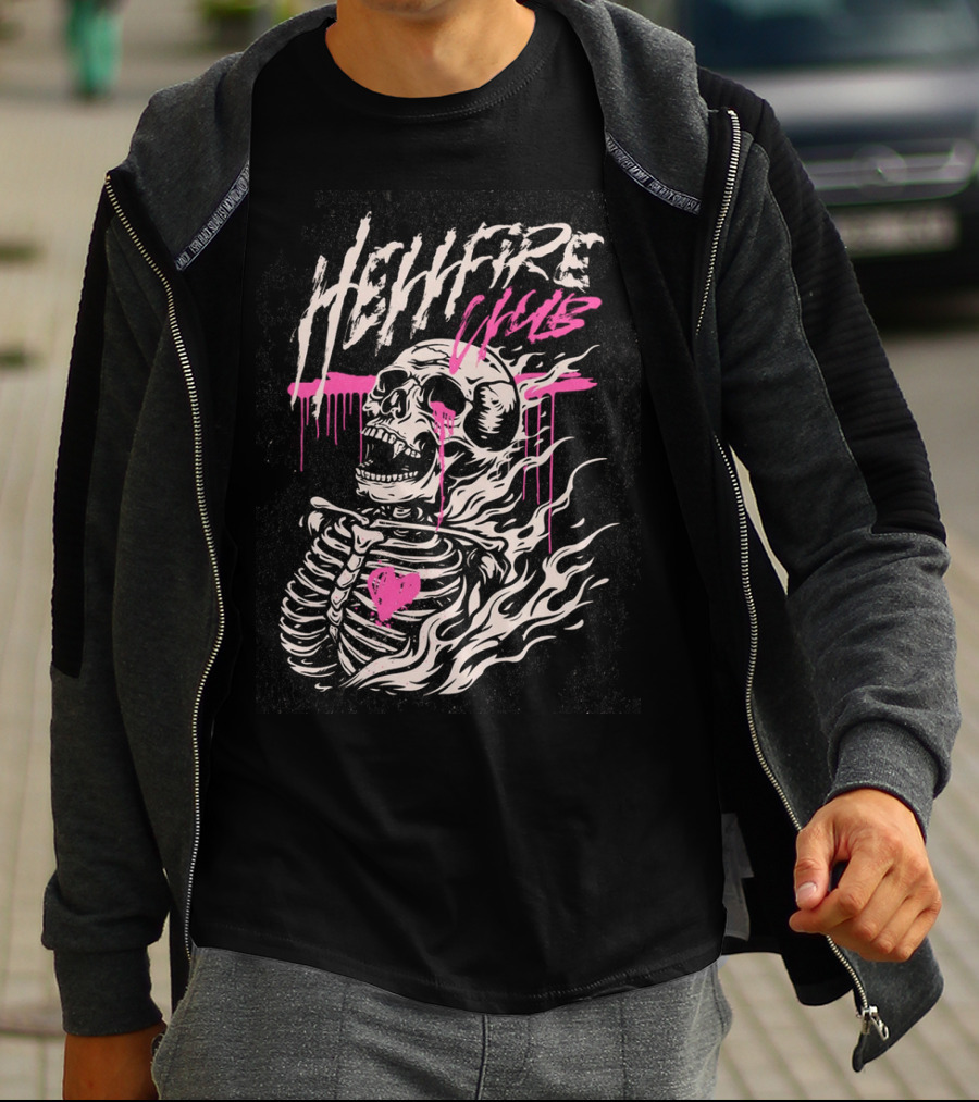 Hellfire Club Skeleton With Flames And Pink Heart Accents T-Shirt