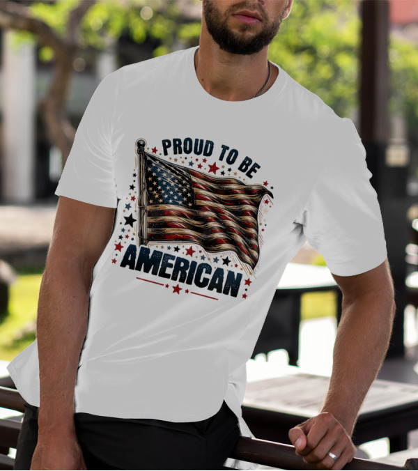 Proud To Be American Waving Stars And Stripes Surrounded By Red And Black Stars T-Shirt