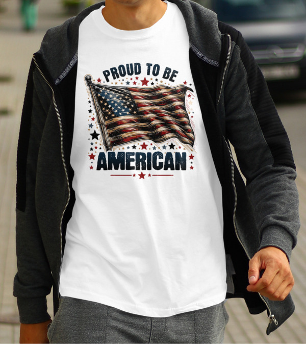 Proud To Be American Waving Stars And Stripes Surrounded By Red And Black Stars T-Shirt