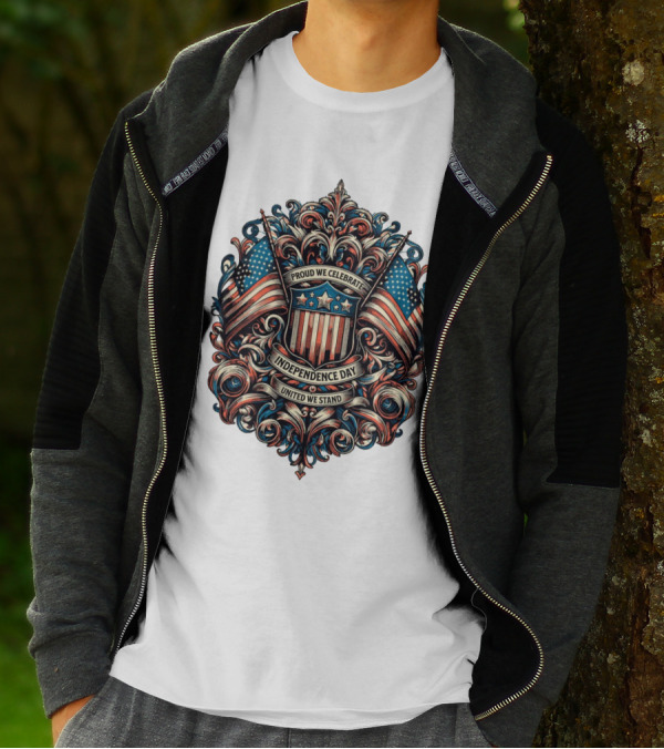 Proud We Celebrate Independence Day United We Stand American Flag Shield Ornamental T-Shirt