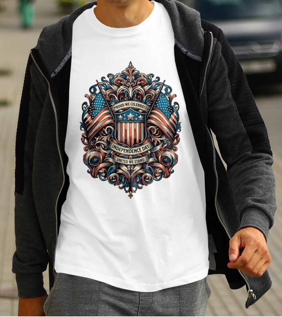 Proud We Celebrate Independence Day United We Stand American Flag Shield Ornamental T-Shirt
