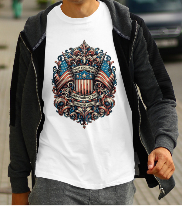 Proud We Celebrate Independence Day United We Stand American Flag Shield Ornamental T-Shirt