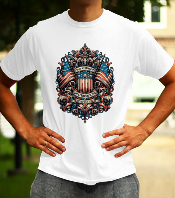 Proud We Celebrate Independence Day United We Stand American Flag Shield Ornamental T-Shirt