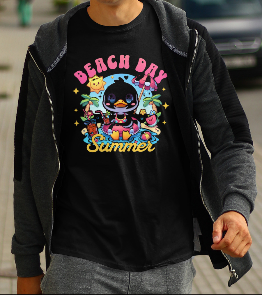 Beach Day Summer Happy Times Good Sunshine Duck In Pool With Palm Trees And Watermelon T-Shirt