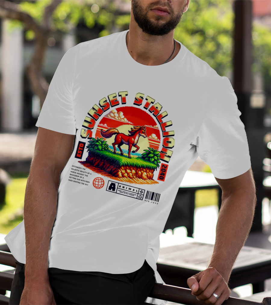 Sunset Stallion 2040 ESTO Animal Epic Epitome Horse Setting Sun Fiery Sky T-Shirt