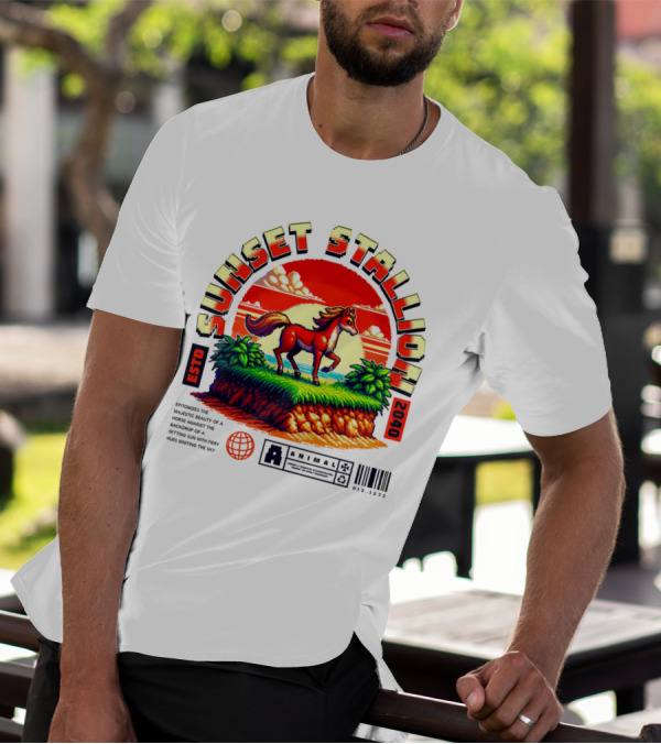 Sunset Stallion 2040 ESTO Animal Epic Epitome Horse Setting Sun Fiery Sky T-Shirt