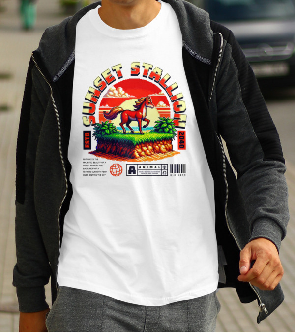Sunset Stallion 2040 ESTO Animal Epic Epitome Horse Setting Sun Fiery Sky T-Shirt