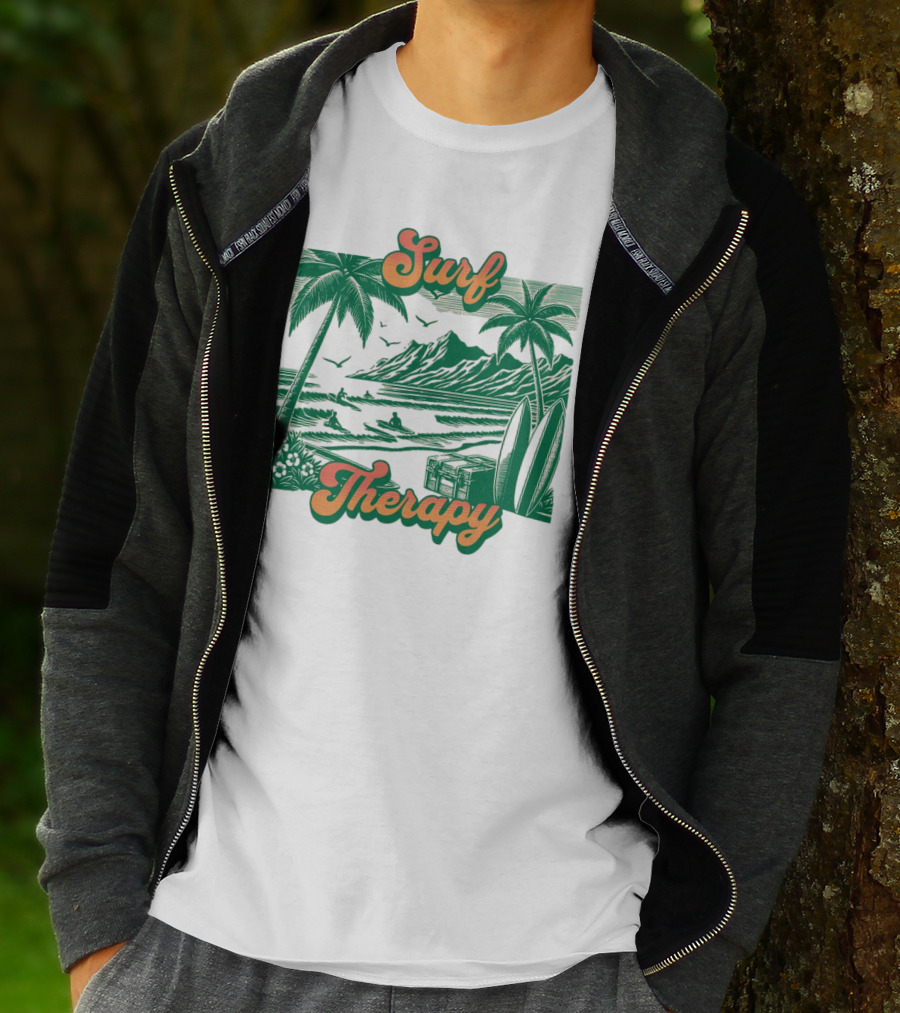 Surf Therapy Tropical Beach Scene With Palm Trees And Surfboards T-Shirt