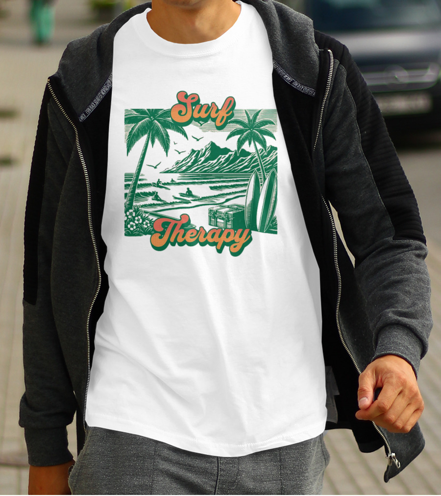 Surf Therapy Tropical Beach Scene With Palm Trees And Surfboards T-Shirt