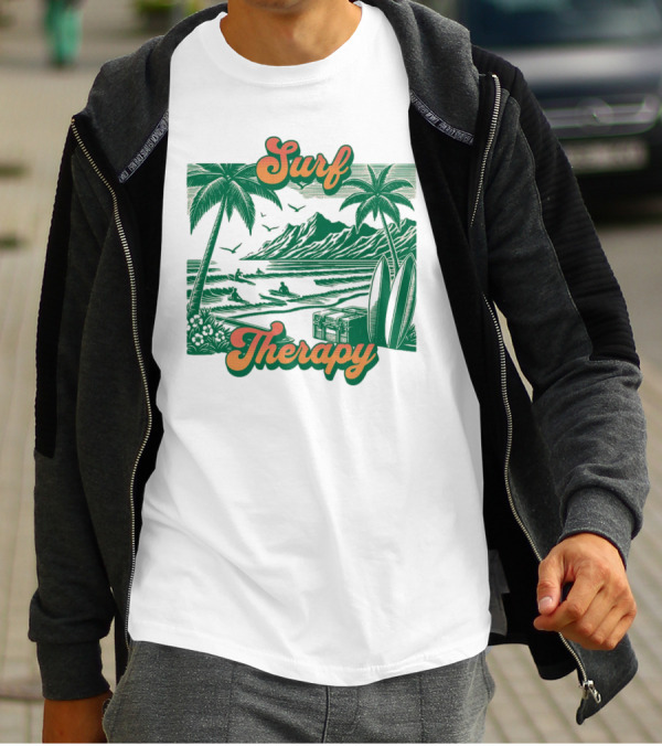 Surf Therapy Tropical Beach Scene With Palm Trees And Surfboards T-Shirt