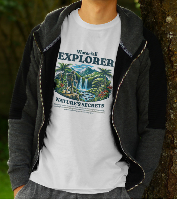Waterfall Explorer Nature's Secrets Discover Mysteries Towering Heights Breathtaking Views T-Shirt