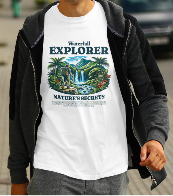 Waterfall Explorer Nature's Secrets Discover Mysteries Towering Heights Breathtaking Views T-Shirt